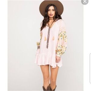 Free People Womens Dress Mini Size XS Pink Embroidered Flowy Tunic  Boho
